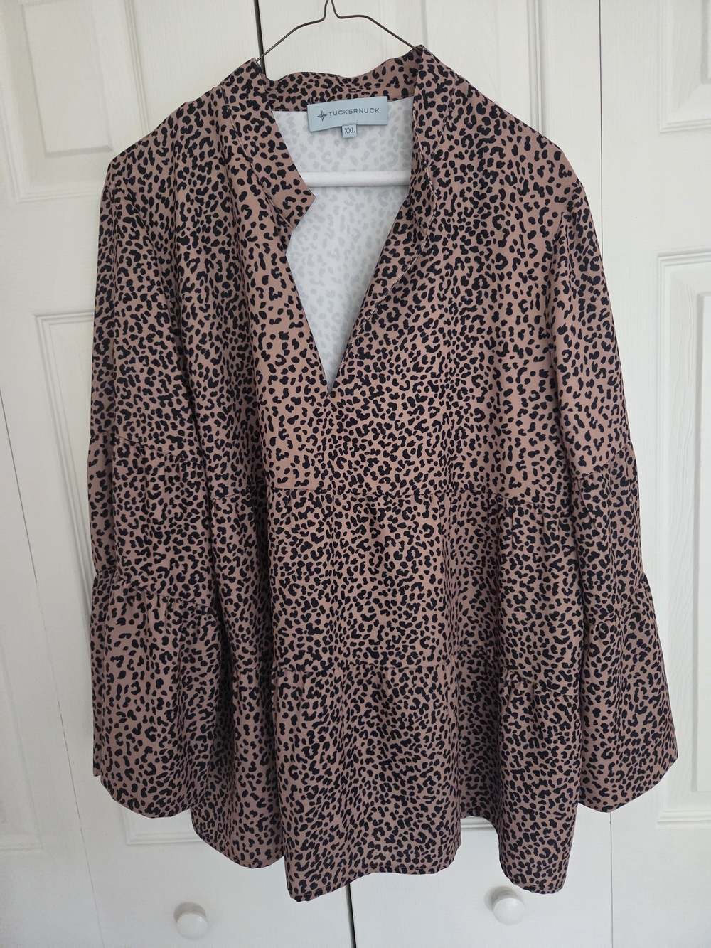 Tuckernuck Edith Leopard-Print Tiered V-neck Tunic Blouse with Bell Sleeves